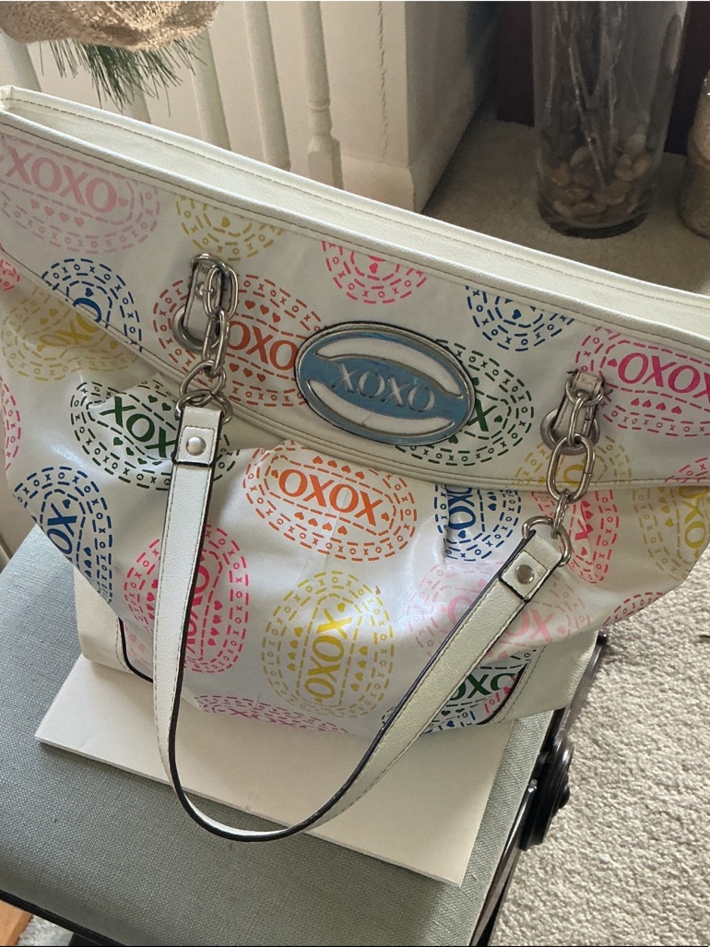 XOXO White Tote with Multicolor Logo Circles